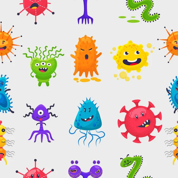 Virus vector de las bacterias de dibujos animados carácter emoticono de la infección bacteriana o la ilness en microbiología ilustración conjunto de emociones de microorganismos aislados en el patrón de fondo blanco — Archivo Imágenes Vectoriales