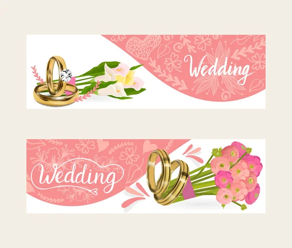 Wedding rings vector wed shop of engagement symbol golden silver jewellery for proposal marriage flowery sign flowered orchid business card backdrop illustration flowery set background — Stock Vector