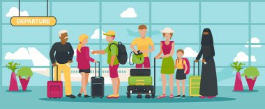 Havaalanı vektör arka plan adam kadın ve çocuğu Bagaj ile insanları bekleyen uçuş kalkış terminal illüstrasyon zemin yolcu karakter Bagaj ile seyahat