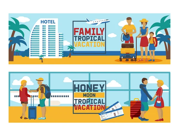 Urlaub Vektor Reisen Menschen Reisende Mann Frau Charakter auf Urlaub Illustration Hintergrund Familie Reise Lifestyle Meer Strand Tour Hotel Hintergrund — Stockvektor