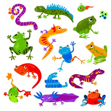 Evde beslenen hayvan illüstrasyon kurbağa varan dragon beyaz arka plan üzerinde izole kümesi sürüngen vektör hayvan Sürüngen Amfibi froggy karakter kertenkele kaplumbağa iguana ve bukalemun