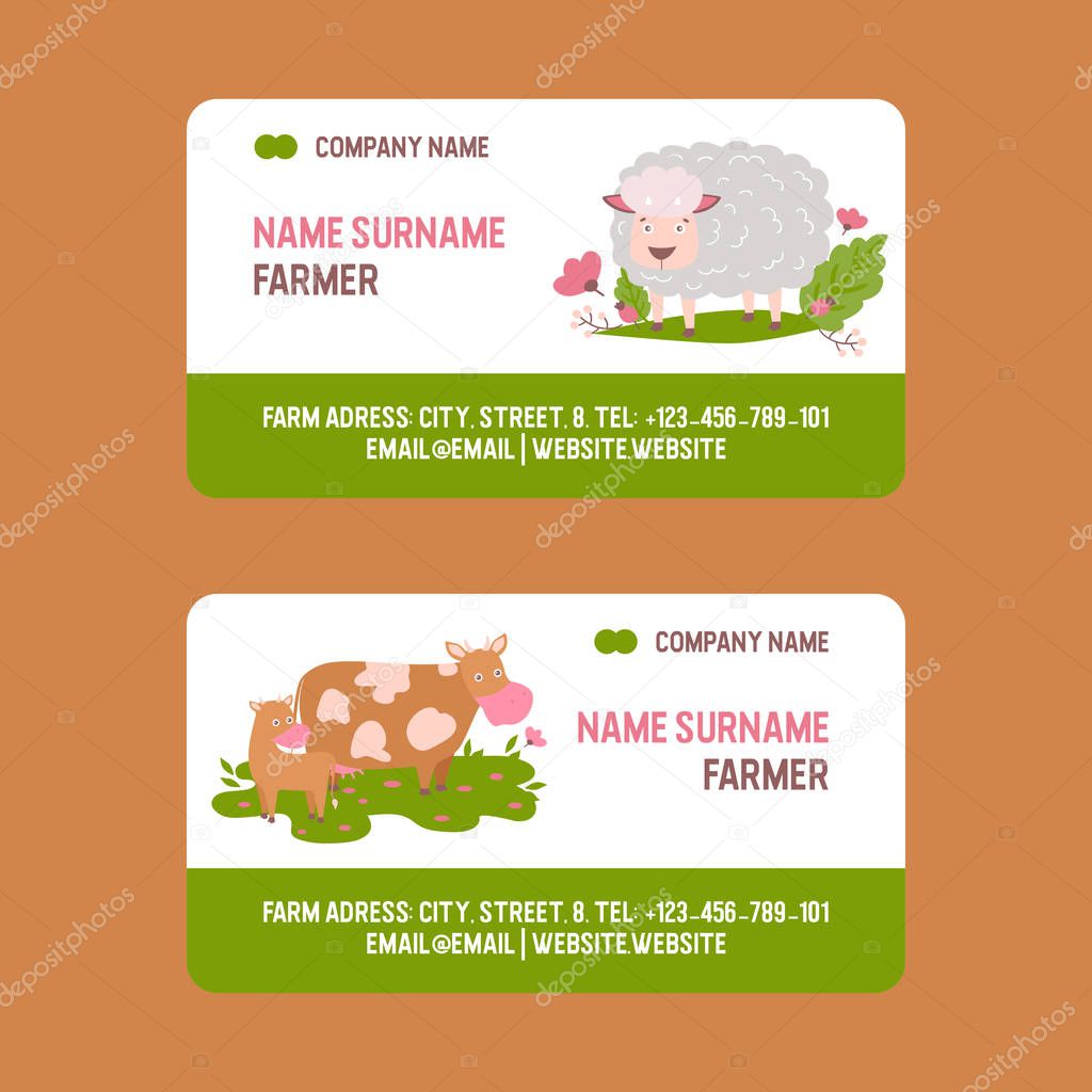 Farm animals vector business-card set domestic farming characters cow sheep goat cattle farmer animals illustration business card background