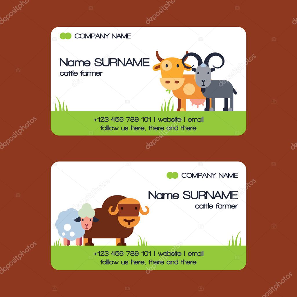 Farm animals vector business-card set domestic farming characters cow sheep goat cattle farmer animals illustration business card background