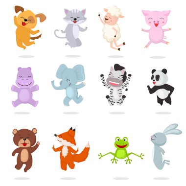 Küçük panda illüstrasyon izole mutlu ayı çocuk fox beyaz arka plan üzerinde atlama bunny kümesi hayvanlar vektör karikatür hayvansı karakter köpek kedi bebek domuzcuk çocuklar