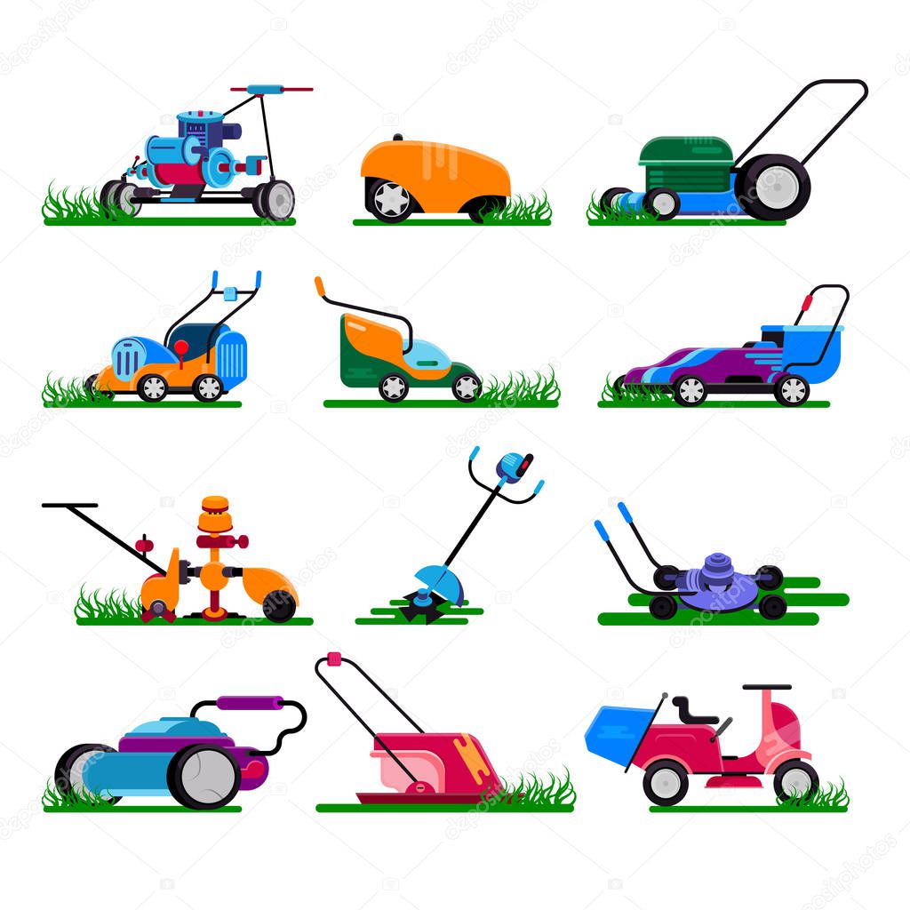 Lawn mower vector gardening lawnmower electric equipment machine and garden mowing trimmer illustration machinery set of power tools lawn-mower isolated on white background