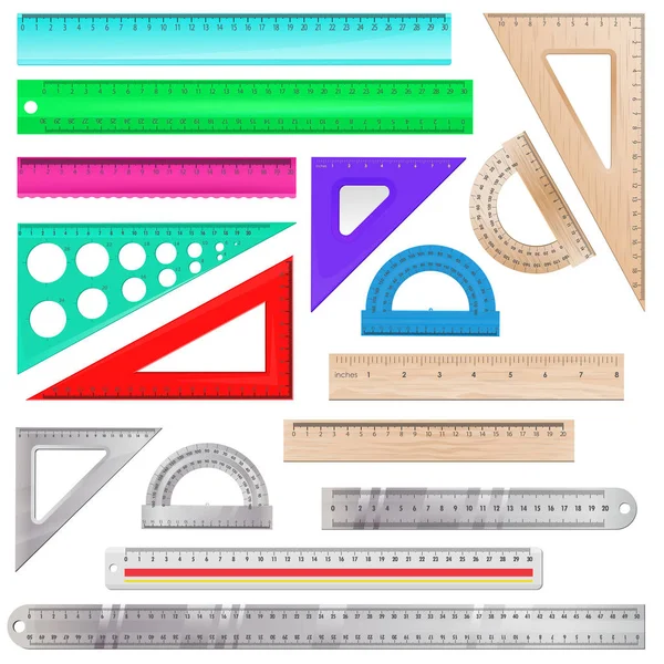 定規ベクトル数学測定スケール長さ図分度器角度線計測機器学校を測定するツールは、白い背景で隔離教育スクーリング オブジェクトのセット — ストックベクタ