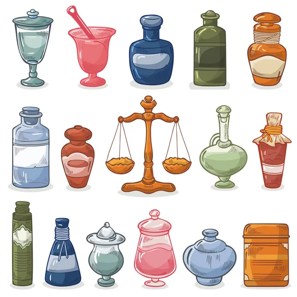 Apotheek flessen vector Vintage medische drug glas chemische vloeibare geneeskunde en schalen illustratie farmaceutische chemie set van oude containers geïsoleerd op witte achtergrond — Stockvector