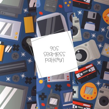 90s cihazlar Dikişsiz desen vektör illüstrasyon. Kaset, kamera, floppy disk, cep telefonu, joypad, TV seti gibi eski teknolojiler. Eski yıllar ve ekipmanlar için nostalji.