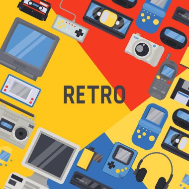 90s cihazlar banner, poster vektör illüstrasyon. Kaset, kamera, floppy disk, cep telefonu, joypad, TV seti gibi eski teknolojiler. Eski yıllar ve ekipmanlar için nostalji.