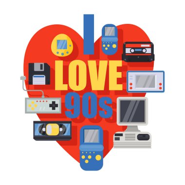 90 ' lar seviyorum. Retro semboller banner, poster vektör illüstrasyon. Çocukluk şeylerinizi. Kaset, kamera, floppy disk, cep telefonu, joypad, bilgisayar, TV seti gibi eski teknolojiler.