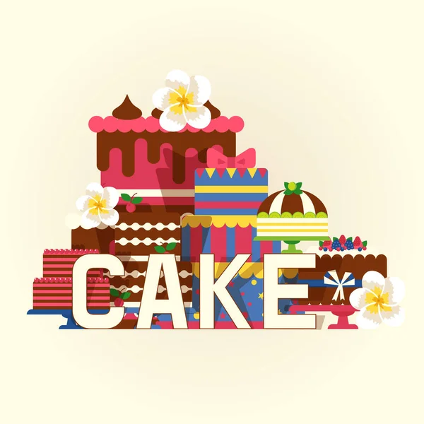 Taart spandoek, poster vectorillustratie. Chocolade en fruitige desserts voor snoepwinkel met verse en lekkere cupcakes, cakes, pudding, koekjes, slagroom, glazuur en hagelslag. — Stockvector