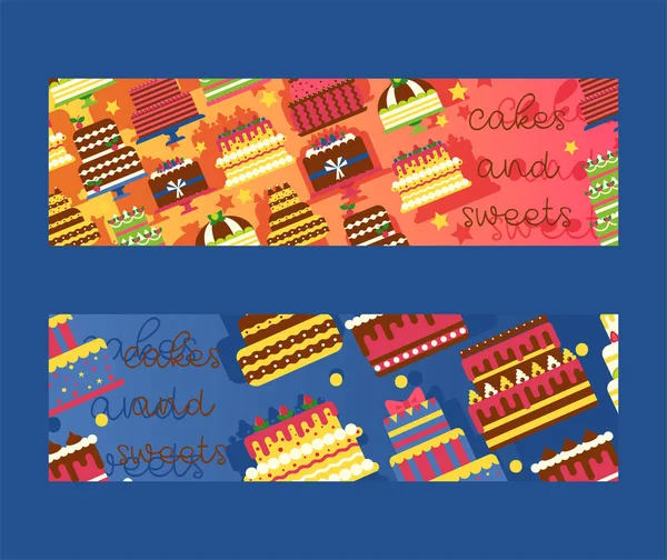 Conjunto de pasteles y dulces de banners ilustración vectorial. Chocolate y postres afrutados para panadería con cupcakes frescos y sabrosos, pasteles, crema batida, glaseado y espolvoreados . — Vector de stock