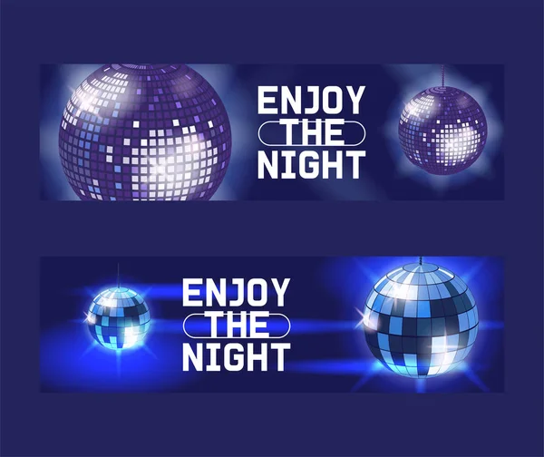 Njut av en natt uppsättning banners, affischer vektor illustration. Livet börjar på natten. Underhållning och event, disco show. Lysande discokula. Club part ljus element. Ljusa element. — Stock vektor