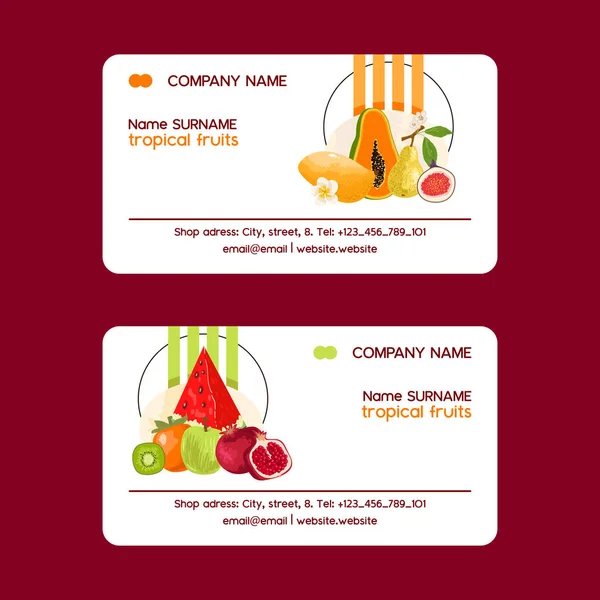 Conjunto de frutas tropicales de tarjetas de visita ilustración vectorial. Productos exóticos de verano como mangostán, mango, kiwi, pera, sandía. Flores con hojas. Mitades y frutas enteras. Contactos . — Vector de stock