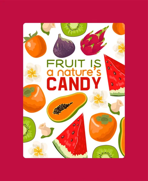 Tropische vruchten set van banners vectorillustratie. Exotische zomer producten zoals mangosteen, kiwi, drakenfruit, watermeloen. Helften en hele vruchten. Fruit is een natuur s candy. — Stockvector
