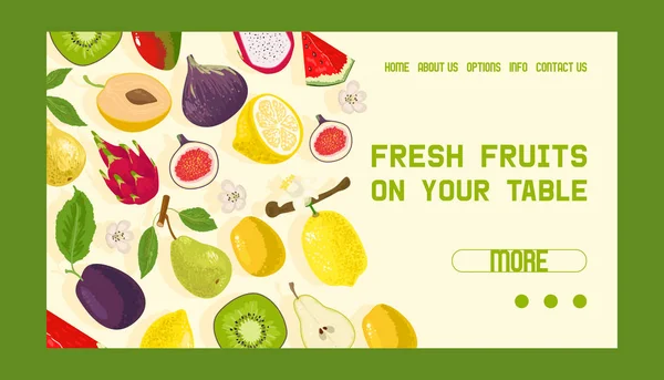 Τροπικά φρούτα κατάστημα web banner σχεδιασμό εικονογράφηση φορέα. Εξωτικό καλοκαίρι προϊόντα όπως mangosteen, dragonfruit, ακτινίδιο, καρπούζι. Ημίχρονα και ολόκληρα φρούτα. Φρέσκα φρούτα στο τραπέζι σας. — Διανυσματικό Αρχείο
