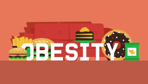 Παχυσαρκία έννοια banner διανυσματικά εικονογράφηση. Κάντε την επιλογή σας μεταξύ υγιούς και ανεπιθύμητης αλληλογραφίας τροφίμων. Ήττα η παχυσαρκία σήμερα. Καναπές με γρήγορο φαγητό όπως μπέργκερ, τσιπς, τηγανιτές πατάτες. — Διανυσματικό Αρχείο