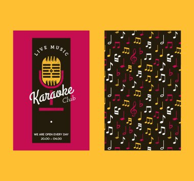 Afiş vektör Illustration Karaoke kulüp seti. Notlarla canlı müzik. Etkinliğin reklamı. Şarkıcı şarkıları için mikrofon. Gece gösterisi partisi. Şarkı söyleyen bir aktivite. Çalışma saatleri.