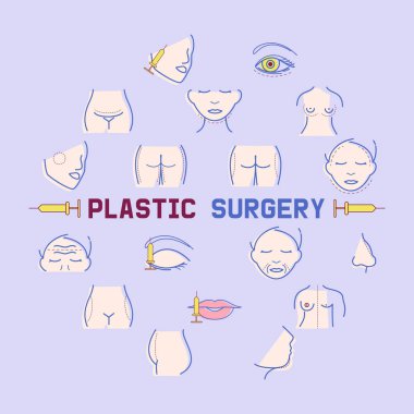 Plastik cerrahi afiş vektör illüstrasyon. Yüz ve vücut düzeltmesi. Doktor danışmanlığı. Meme büyütme, liposuction, yüz ve vücut kozmetolojisi. Güzellik Sağlık prosedürü.