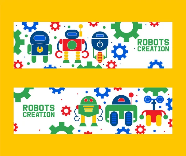 Robotics creation icons set of banners vector illustration. Celebration. Futuristic artificial intelligence technology. Gear, screw. Button off, on. Robot on wheel with arms. — Stock Vector
