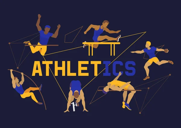 Знамя спортсмена, плакат, векторная иллюстрация брошюры. Осуществление мужчин в различных позах. Мужские фигурки тренируются в спортклубе. Бегать и прыгать. Лёгкая атлетика . — стоковый вектор
