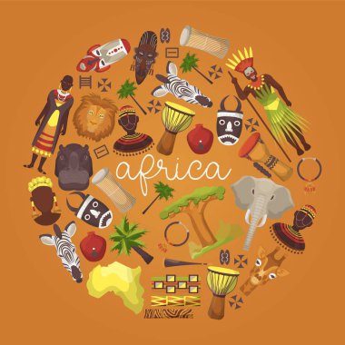 Seyahat Afrika yuvarlak desen vektör illüstrasyon. Vahşi hayvanlar fil, zürafa gibi hayvanlar gibi hayvanlardır. Palms, etnik renkli şamanik maskeler, müzik davul, aksesuarlar.