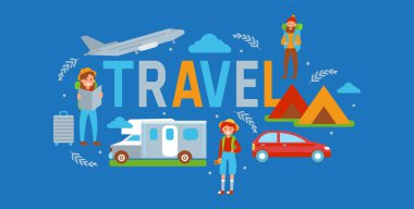 Kamp seyahat afiş vektör illüstrasyon. Tatil ve Turizm konsepti. Kadın, Erkek gezginiyle harita. Çadır, Araba, uçak, otobüs gibi araç. Yaz Kampı, yürüyüş. Açık hava aktivitesi.