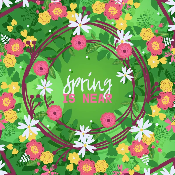 Wreaths leaves and flowers banner vector ilustration. Bloom of plant, spring is near. Branches with blossom for wedding, romantic decor. Shop and store discounts. New collection. — Stock Vector
