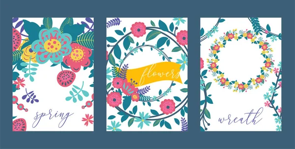 Kränze Blätter und Blumen Set von Karten, Banner, Poster Vektor Illustration. Blüte der Pflanze, Frühlingsdesign. Zweige mit Blüten für die Hochzeitseinladung. Botanische Elemente. — Stockvektor