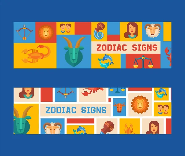 Zestaw znaków zodiaku banner ilustracji wektorowych. Horoskop, ikony astrologii, takie jak Baran, Taurus Gemini, rak Leo, Panna Libra, Scorpio Sagittarius Koziorożec, Wodnik, ryby. — Wektor stockowy