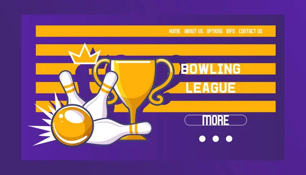 Bowlingliga-Banner, Plakatvektorillustration. Ball kracht in die Stifte, wird getroffen. Bowling-Turnier. Sieger der Meisterschaft. Sieg. Platz eins. Webdesign. — Stockvektor