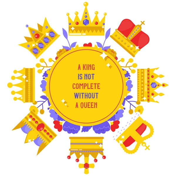 Royal jewelry banner, poster vector illustration. Crowns collection. Accessories for king and queen, prince and princess. Royal game icon. Gold heraldry and coronation, award. — Stock Vector