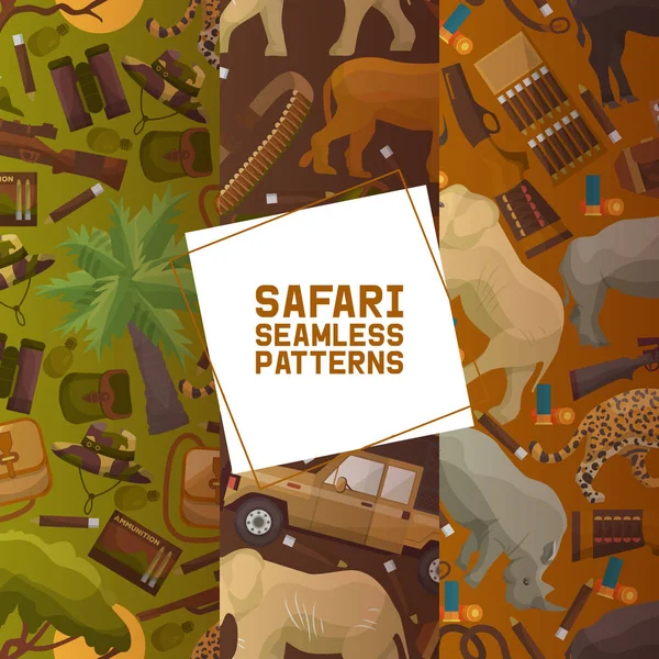 Safari juego de caza de patrones sin costura vector ilustración. Sombrero de camuflaje, pistola con conchas, bandolera, cuchillo, brújula, binoculares, munición, botas del ejército y chaleco de cazador . — Vector de stock