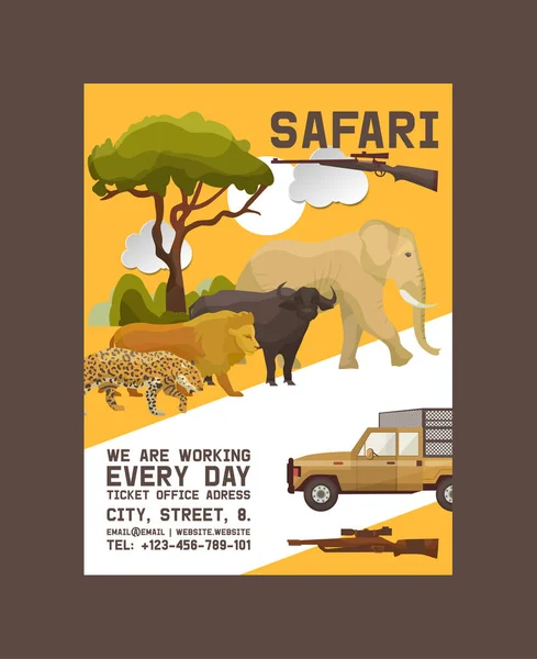 Safari hunting poster vector illustration. Hunter accessories such as gun, jeep car or vehicle in nature with plants as trees, bushes. Sunset. Wild animals as elephant, lion, buffalo, jaguar.