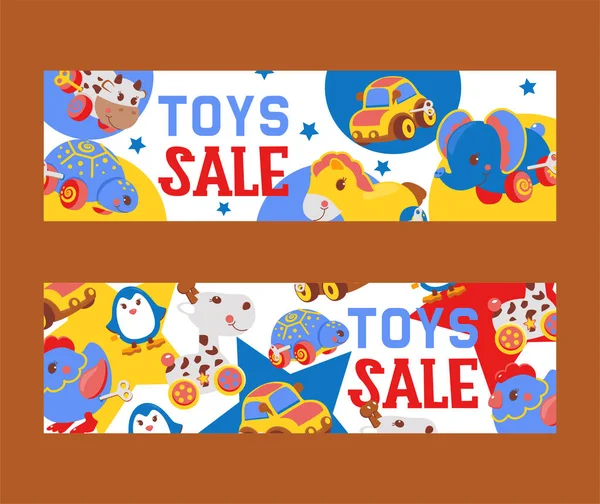 Clockwork bright mechanic children toys shop sale set of banners vector illustration. Mechanical windup cute gifts. Animals such as cow, turtle, elephant, rooster, penguin, horse.