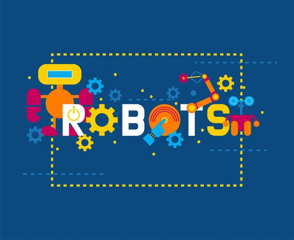 Robotics skapande ikoner banner vektor illustration. Firandet. Futuristisk artificiell intelligens teknik. Kugg hjul, skruv. Knapp av, på. Robot på hjul med armar. — Stock vektor