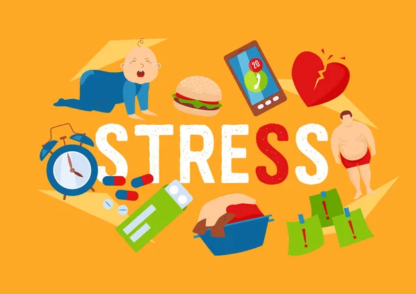 Work and stress factors icons banner vector illustration. Crying kid character. Health problems. Fat man, broken heart, pills, dirty clothing, clock, deadlines at work, junk food.