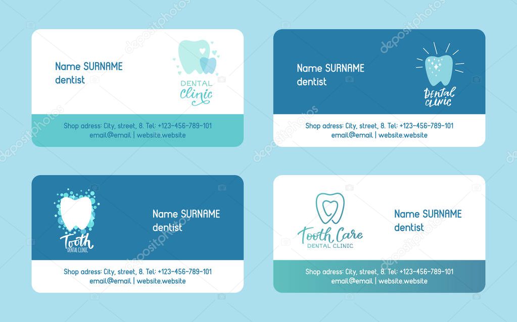Dentist set of business cards vector illustration. Healthy tooth under protection with glowing effect, teeth whitening concept. Oral care clinic. Phone, web and location.