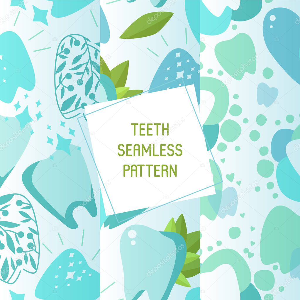 Dentist set of seamless patterns vector illustration. Healthy tooth under protection with glowing effect, teeth whitening concept. Oral care clinic. Mint toothpaste. Herbs.
