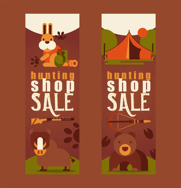 Hunting equipment shop sale set of business cards vector illustration. Hunter accessories such as camping tent, rifle gun, arbalest crossbow, wild animals such as bear, hare, boar.
