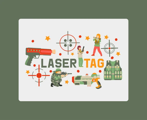 Laser tag game banner, poster vector illustration. Gun, optical sight, trigger, vest, attachment rail. Game weapons. Child pistols. Spending free time. Playing with ray guns. — Stock Vector
