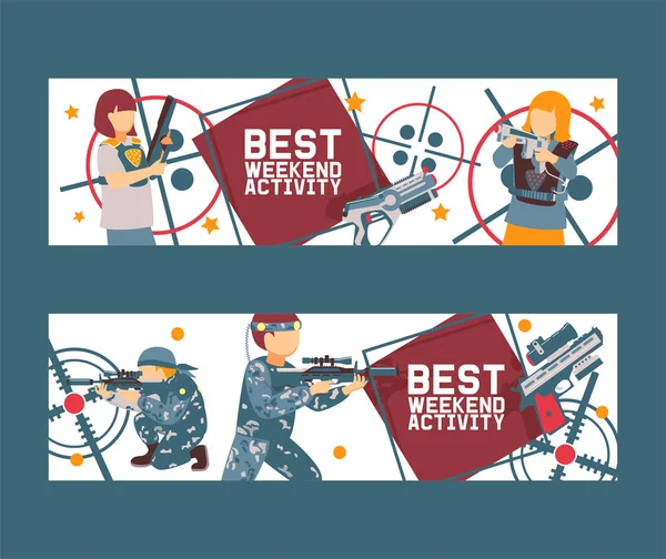 Juego de etiquetas láser conjunto de banners ilustración vectorial. Pistola, mira óptica, gatillo, chaleco, riel de fijación. Armas de juego. Pistolas infantiles. Pasando tiempo libre. Jugando con pistolas de rayos. Mejor actividad de fin de semana . — Archivo Imágenes Vectoriales