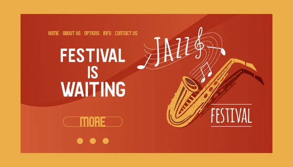 Instrumentos musicales banner diseño web vector ilustración. Concepto musical con saxofón. Tocando instrumentos de viento. El festival está esperando. Anuncio de jazz. Información de contacto . — Vector de stock