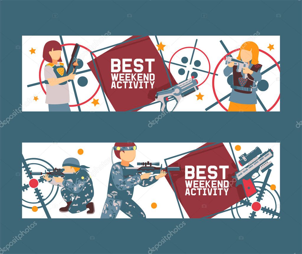 Laser tag game set of banners vector illustration. Gun, optical sight, trigger, vest, attachment rail. Game weapons. Child pistols. Spending free time. Playing with ray guns. Best weekend activity.