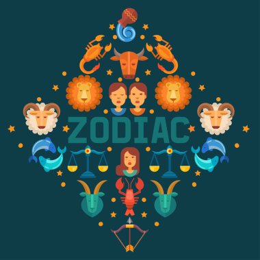 Zodiac işaretler Banner vektör Illustration. Burç, koç, Taurus Ikizler, kanser Leo, Başak terazi, akrep yay Capricorn, kova, balık gibi Astroloji simgeleri.