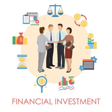 Finansal yatırım afişi, poster vektör illüstrasyonu. Para kazanmak. Bir grup insan soruları tartışıyor. Erkek ve kadın el sıkışıyor. İş danışmanlığı ve ekip çalışması.