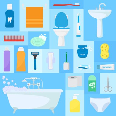 Hijyen aksesuarları vektör illüstrasyon. Banyo seti, yıkama, banyo, temizlik deseni. Banyo dokusu. Sabun, havlu, diş macunu, tuvalet, lavabo, duş küveti, sprey, şampuan, sünger.