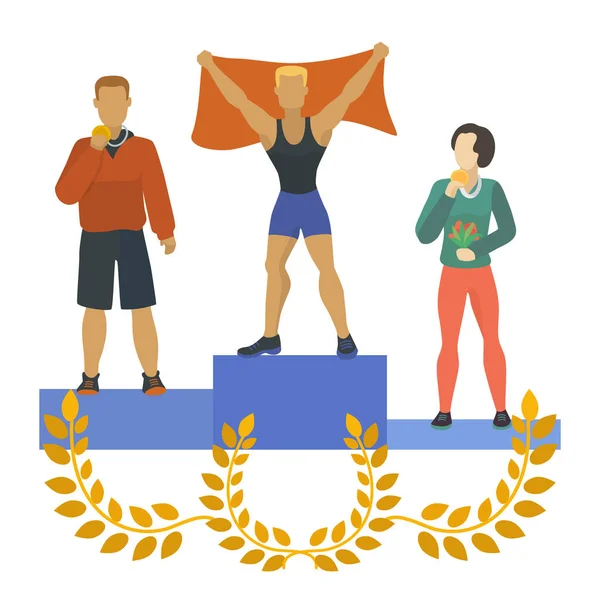 People standing on podium, awarded with medals, trophies. Man and woman winning first, second, third place in competition. Awards ceremony. Human in stands, raising hand with flag. — Stock Vector