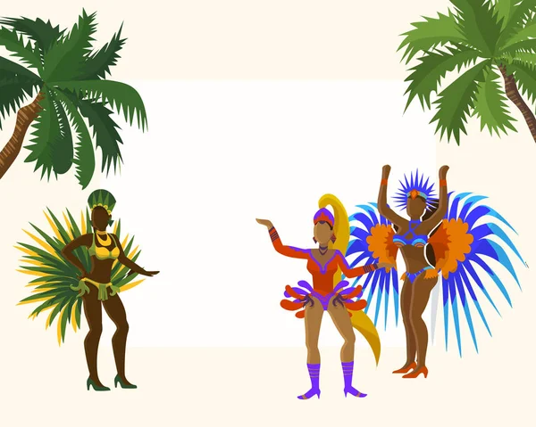 Fotoğraflar afiş vektör illüstrasyon için Carnaval çerçeve. Palmiye ağaçları arasında renkli devekuşu tüyü ve kristalleri ile rio de janeiro şenlikli kostüm Carnival dans kızlar. — Stok Vektör