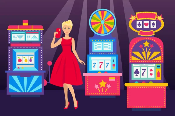 Girl in elegant dress with phone visiting casino place banner vector illustration. Win jackpot in game slot machine. Casino buildings, gaming machine, fortune wheel and game roulette. — Stock Vector